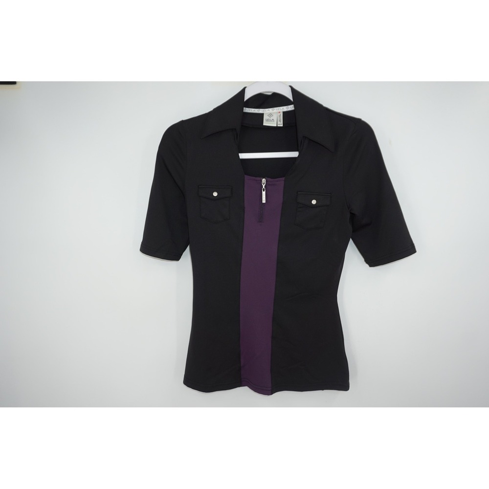 LELA Designs Polo Shirt Womens XS Black‎ Purple Zip Golf Short Sleeve Collared